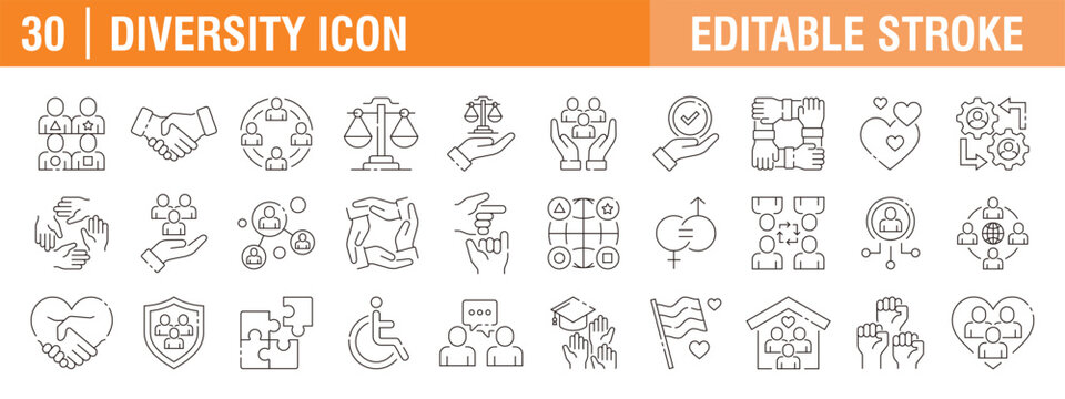 Collection of diversity icons. Inclusion, community, people, support and more. Vector design templates, signs, symbols, and editable strokes.