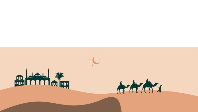Cityscape and Camel Illustration Featuring Residential Homes and Contemporary Buildings