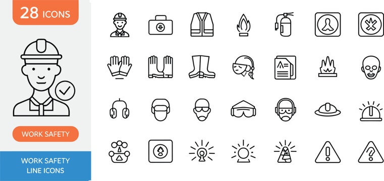 Collection of twenty-eight work safety line icons, , gloves, boots, masks, fire extinguisher, warning signs, and workplace protection Illustration collection of twenty-eight work safety line ions 