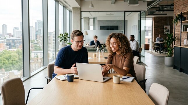 Two smiling colleagues working together on a laptop in a well-lit contemporary office space. Ideal for business, teamwork, remote work, and corporate marketing content