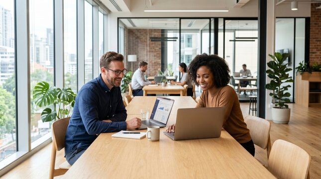Two smiling colleagues working together on a laptop in a well-lit contemporary office space. Ideal for business, teamwork, remote work, and corporate marketing content
