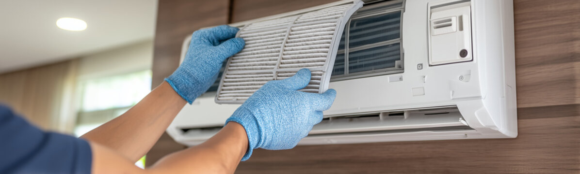 HVAC Maintenance: A close-up view of gloved hands performing routine maintenance on a mounted air conditioner unit, highlighting the care and attention required for optimal performance.