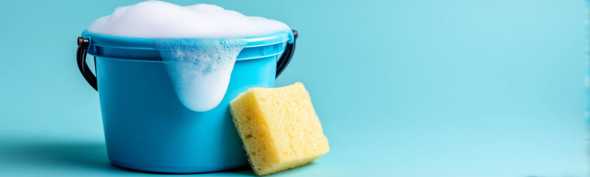 Cleanliness Unveiled: A pristine blue bucket overflows with foamy soap, next to a porous, vibrant sponge, hinting at a scene of spotless purity.