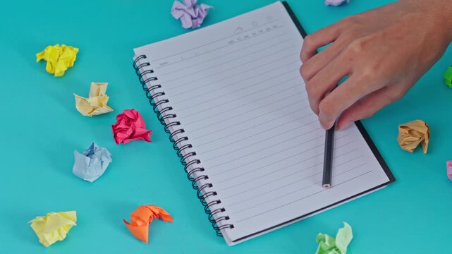 Hand places pencil onto Empty notebook surrounded by colorful crumpled paper balls on blue background