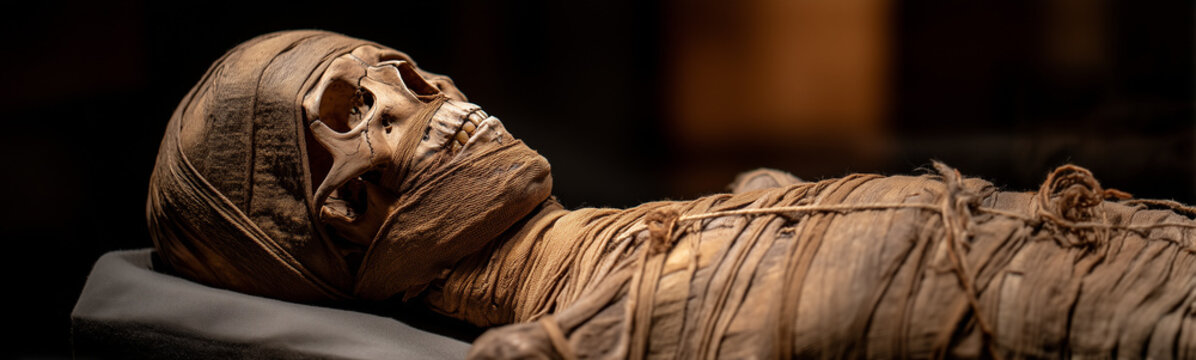 Ancient Echoes: An embalmed mummy, wrapped in intricate bandages, rests serenely, a haunting testament to ancient rituals and beliefs.