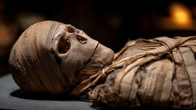 Ancient Echoes: An evocative close-up reveals a meticulously preserved mummy, swathed in ancient linen, offering a glimpse into a timeless past.
