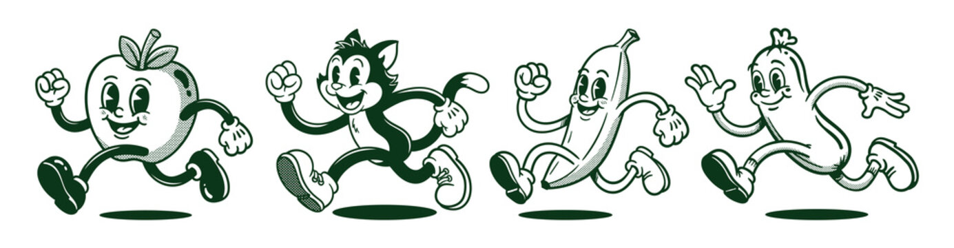 Vector illustration collection pack set of distorted retro groovy cartoon character. retro mascot cartoon characters, groovy cartoons vintage rubber hose style