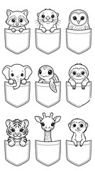 Fototapeta premium Cute pocket animals line art sticker set for coloring book