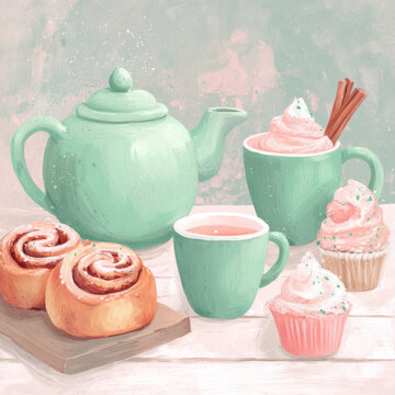 Pastel green teapot and mugs with cinnamon rolls and cupcakes topped with whipped cream create cozy and inviting tea time scene