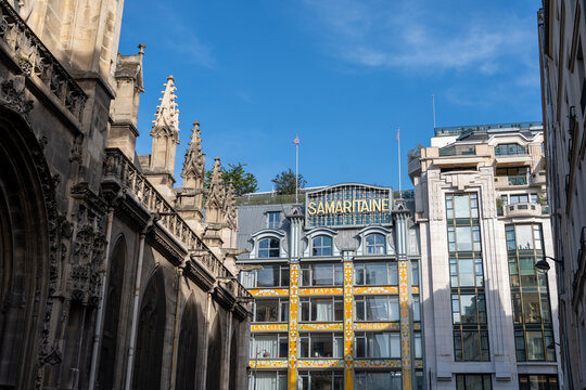 View towards the Samaritaine department store in Paris from between old and new architecture