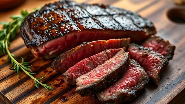mediumrare. Sliced medium-rare ribeye steak on a wooden board, garnished with fresh herbs. menu design, packaging mockups, designed for culinary blogs and recipe cards for restaurants.