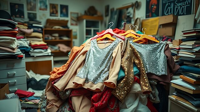 spile. A disorganized pile of cheap, sequin-adorned garments in a cluttered room. lifestyle magazines, social media lookbooks, designed for influencer and brand collaborations, strengthens branding.