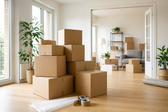 Cardboard Moving Boxes Stacked in Bright Living Room on Moving Day