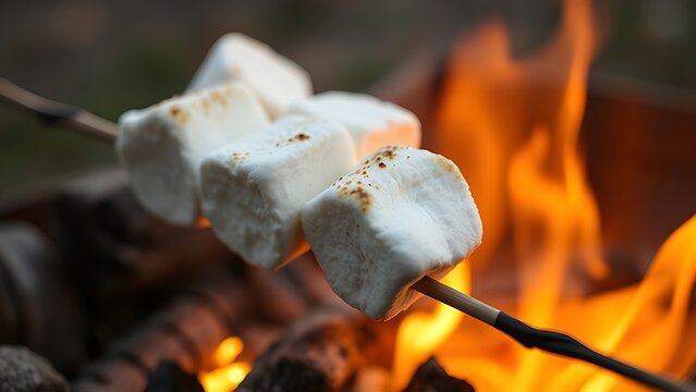 caramelization. Close-up of marshmallows roasting over a campfire, glowing with a warm golden light in a soft outdoor setting. menu design.