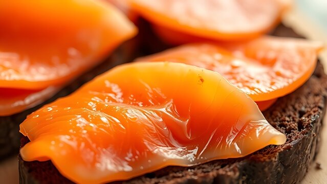 tonalite. Close-up of oily smoked salmon slices on dark rye bread. menu design, packaging mockups, designed for culinary blogs and recipe cards for restaurants, used by interior designers.