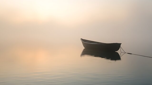 trimaran. A small boat silhouette on a misty lake at dawn with soft light and calm water. travel magazines, destination branding, designed for travel destination branding, inspires travel planning.