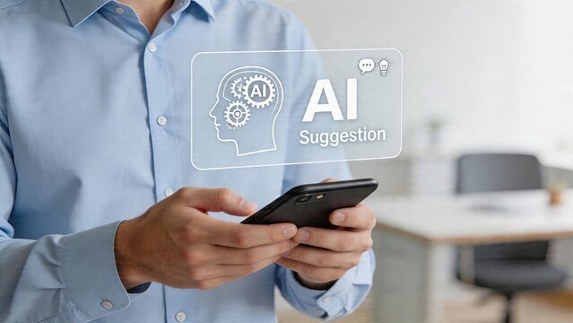 Businessman holding smartphone looking at artificial intelligence suggestion hologram in office futuristic digital interface technology neural network brain icon AI machine