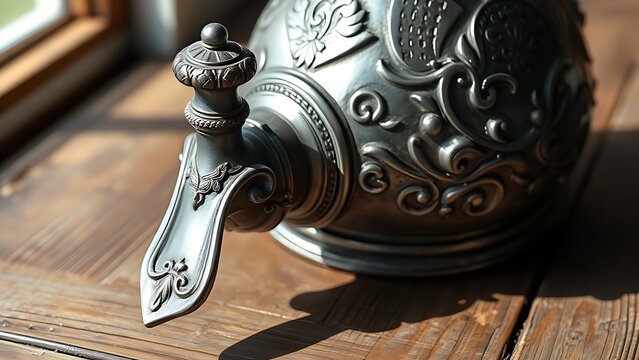 scamorza. Ornate pewter flagon with long spout on rustic wooden table, engraved details. bar promotions, beverage menus, designed for food & beverage menus and cafe branding, used by video editors.