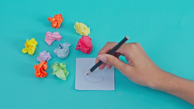 Hand scribbling on paper surrounded by colorful crumpled notes on blue background