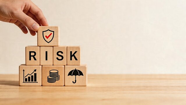 Business man hand placing wooden block with security shield icon on top of pyramid made of blocks spelling RISK and symbols for graph growth finance coin stack and protective