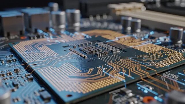 Explore computer cpu chip processor technology in detail on a circuit board with advanced features and design