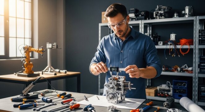 A man in a blue shirt is working on a mechanical engine in a workshop with various tools and equipment.