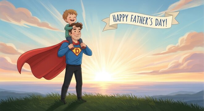 Super dad carrying his son on shoulders for Fathers Day