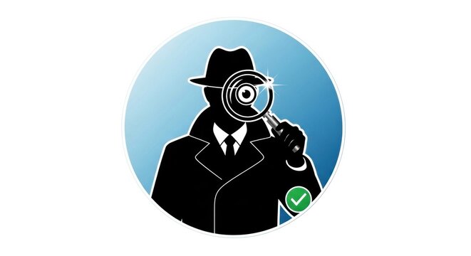 A man in a suit and tie, holding a magnifying glass, inspecting a document or document with a green and blue circular background.