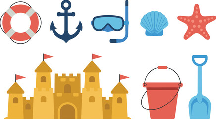 Beach summer icons vector set, sandcastle bucket shovel anchor shell starfish snorkeling mask, seaside vacation illustration collection © Majnur