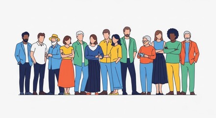 Obraz premium A diverse group of people standing together in a line, with a white background.