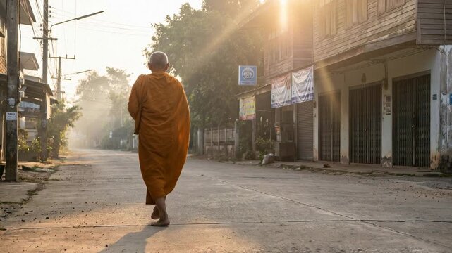 Buddhist monks are morning walking on routes between rural villages the travel destination of Chiang Mai, Thailand. Concepts make merit with monks in culture and religion.