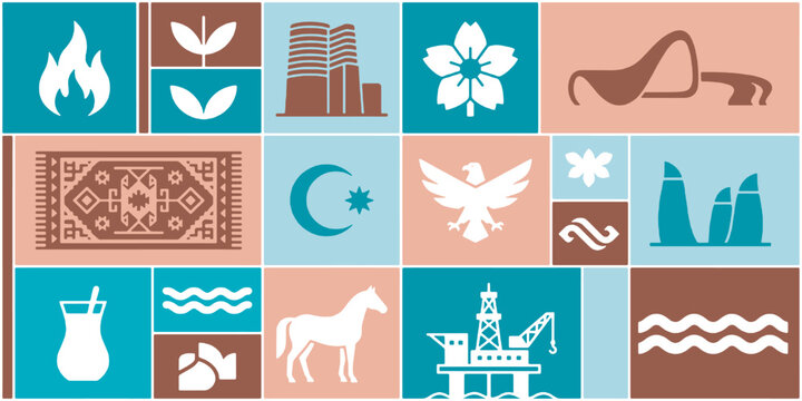 Collage of Azerbaijani Symbols and Landmarks, representing culture, industry, and nature.