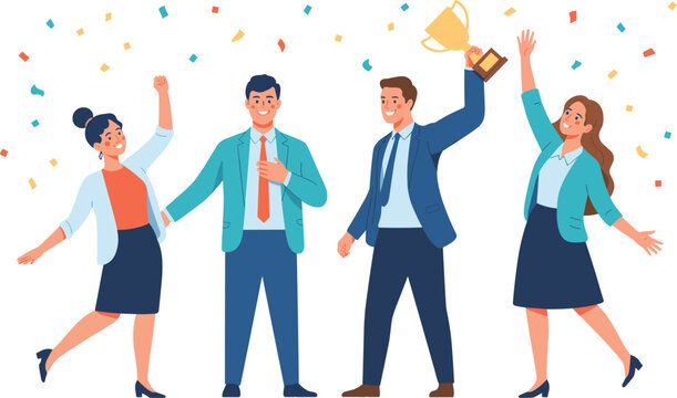Business team celebration vector illustration, happy office workers with trophy and confetti, success achievement concept, modern flat design