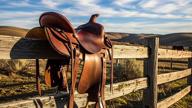 Brown leather horse saddle on fence.