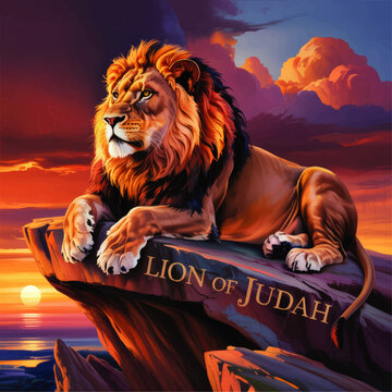 Majestic lion on cliff at sunset in vibrant digital painting, regal wildlife fantasy portrait above glowing horizon