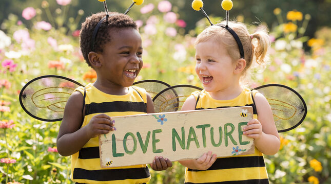 World Bee Day diverse children bee costumes love nature sign laughing celebration poster greeting card banner design marketing campaign educational