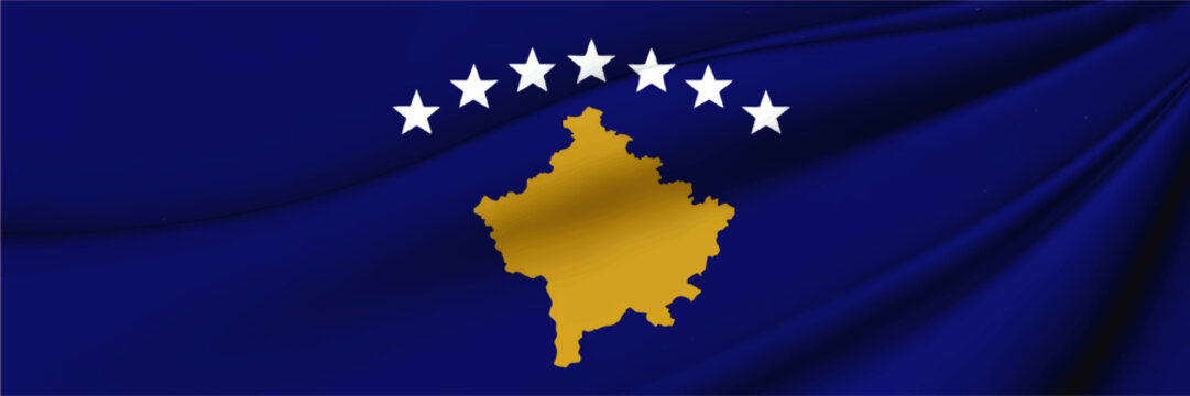 Waving Kosovo flag with golden map silhouette and white stars on blue fabric, national symbol background for politics and travel