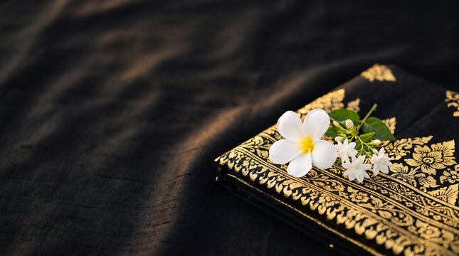 Traditional Balinese Hindu Gold Songket Fabric with Frangipani and Jasmine Flowers on Black Silk Background