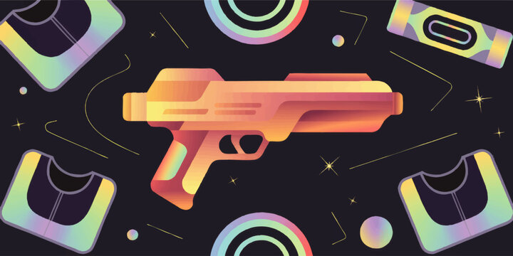 Retro futuristic synthwave illustration featuring a glowing neon handgun and abstract geometric armor shapes on a dark starry background