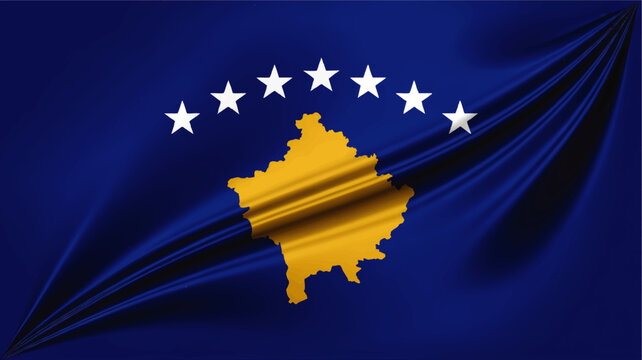 Kosovo Flag with Golden Map Silhouette and White Stars on Blue Abstract Background, National Identity Illustration Design