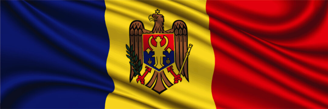 Waving Moldova Flag with National Coat of Arms, Blue Yellow Red Tricolor Fabric Background, Patriotic Symbol of Europe