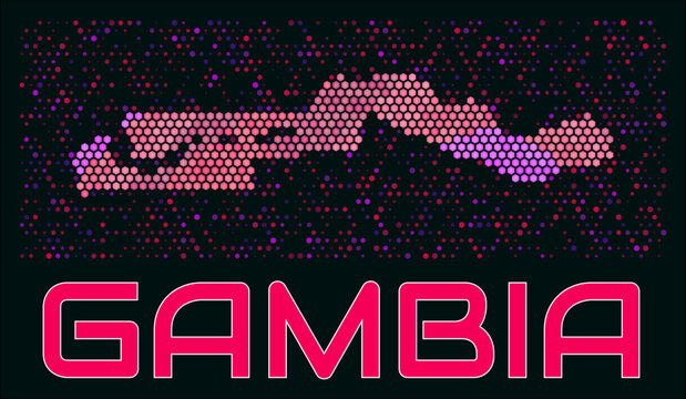 Gambia digital style hexagon map. Vibrant magenta purple pink neon dotted shape. Country tiny bright hexagon cells. Gambia honeycomb map design. Classy Vector Illustration.