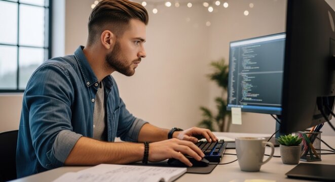 A young man working on a computer in a modern office setting.
