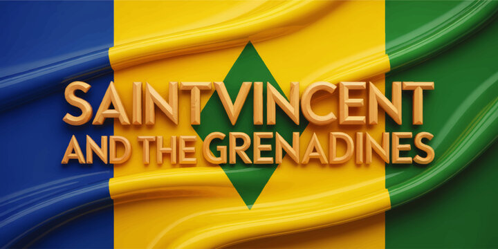 Saint Vincent and the Grenadines flag background with 3D typography, patriotic national banner illustration in blue yellow green