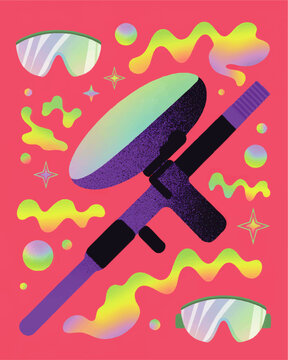Retro futuristic paintball sports illustration featuring a neon marker gun and safety goggles with abstract wavy shapes on a grainy pink background