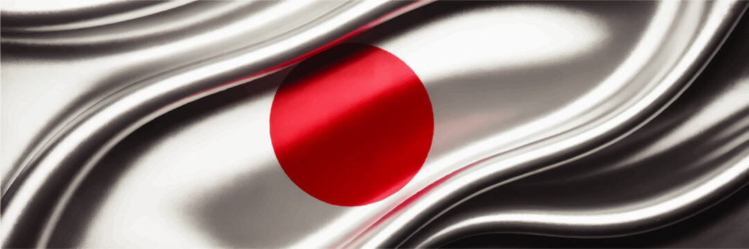 Glossy waving Japanese national flag graphic featuring highly reflective smooth vinyl texture and deep realistic folds for national pride concepts