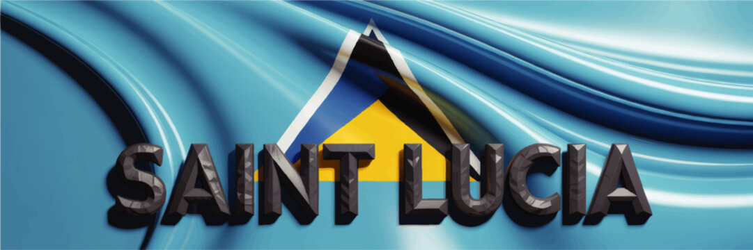 Saint Lucia Flag with Bold 3D Typography on Flowing Blue Abstract Background, Caribbean Travel Banner Design