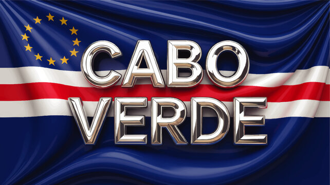 Cabo Verde Flag with Metallic 3D Text on Waving Blue Red and White National Banner, Patriotic Travel Identity Illustration