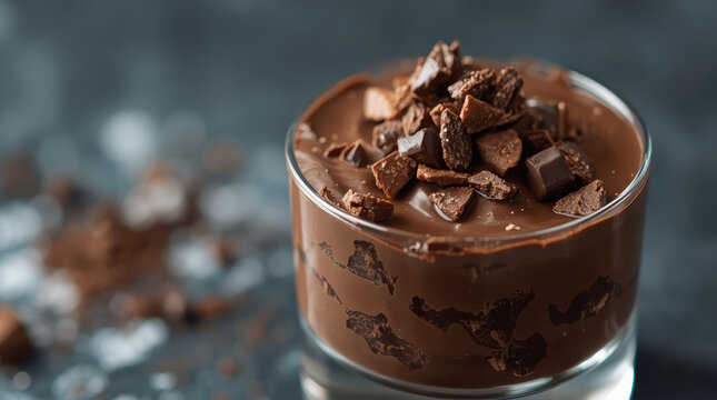 Chocolate mousse dessert in glass topped with chopped chocolate and cocoa dusting