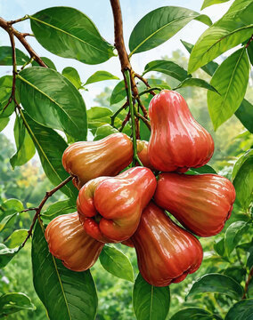 A vibrant cluster of ripe rose apples hangs from a tree branch, surrounded by lush green leaves. The fruits have a glossy, waxy surface with a gradient of soft red to pink hues, reflecting natural lig